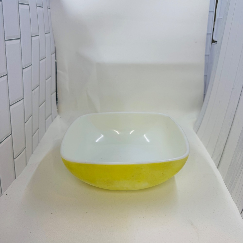 Vintage Yellow Milk Glass Square Mixing Bowl Mid Century Modern 7.75 Inch